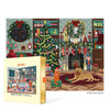 A 1000-piece jigsaw puzzle box by Werkshoppe shown in front of the completed puzzle. The puzzle depicts a cozy, festive holiday living room with a decorated Christmas tree, fireplace mantel, stockings, nutcrackers, and a dog on a rug.
