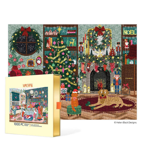 A 1000-piece jigsaw puzzle box by Werkshoppe shown in front of the completed puzzle. The puzzle depicts a cozy, festive holiday living room with a decorated Christmas tree, fireplace mantel, stockings, nutcrackers, and a dog on a rug.