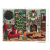 Decorative Christmas scene jigsaw puzzle with a fireplace, tree, and people, featuring dimensions and branding.