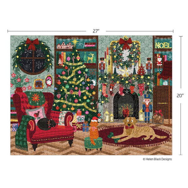 Decorative Christmas scene jigsaw puzzle with a fireplace, tree, and people, featuring dimensions and branding.