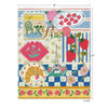 Colorful Paris-themed puzzle with Eiffel Tower and strawberries on a blue and white checkered background. This image shows the 8" by 10" dimensions. 