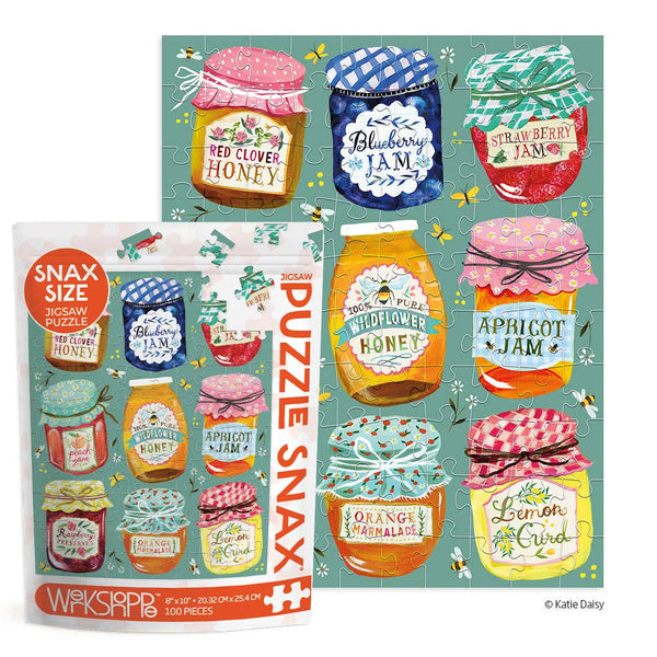 Puzzle Snax jar puzzle with colorful jars of jam and honey on a green background.