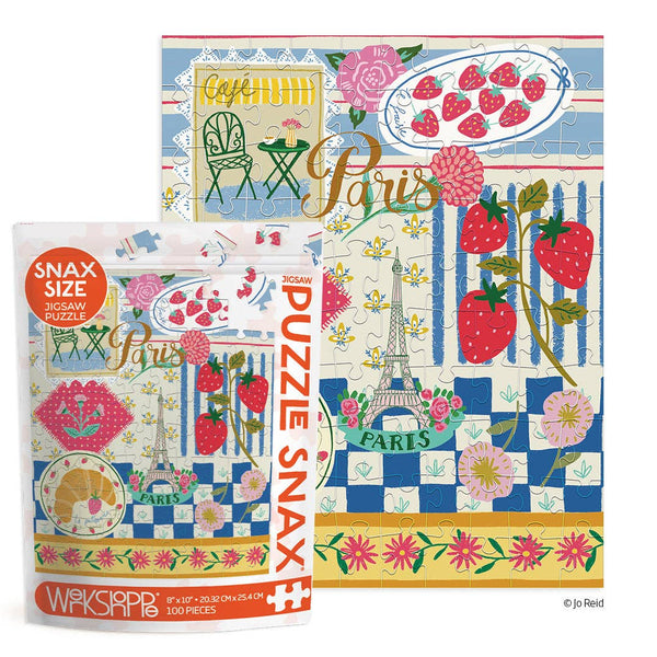 100-piece puzzle with Paris-themed design featuring the Eiffel Tower and strawberries.