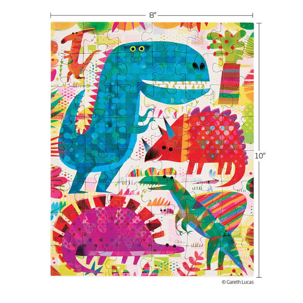 Colorful dinosaur puzzle with dimensions on a white background