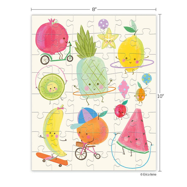Children's puzzle with cartoon fruits and dimensions on a white background