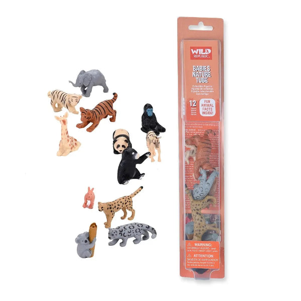 A set of 12 baby animal figurines and their orange packaging on a white backdrop.