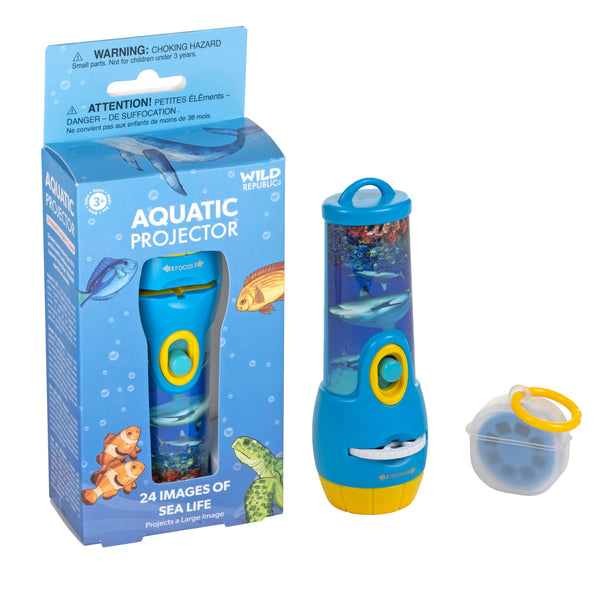Aquatic projector toy with mini slide reel carrying case and packaging on a white background