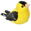 Small American gold finch plush toy against a white background.