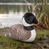 A plush stuffed goose toy sitting on grass near water, with a blurred natural background of reeds and lake surface.