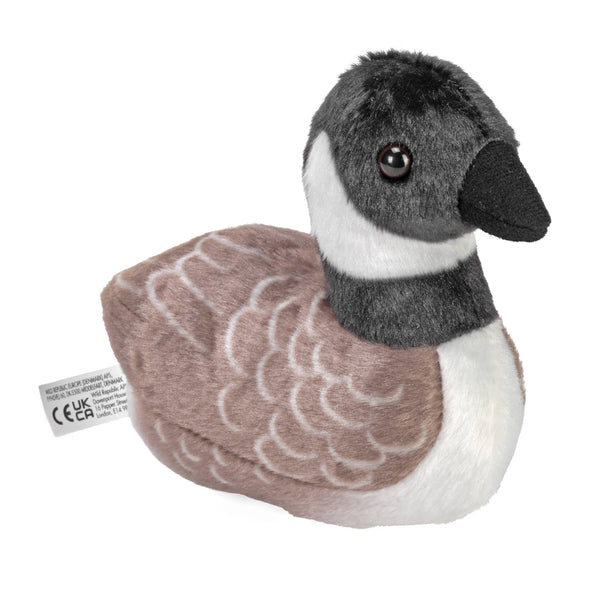 Small plush toy Canada goose with a tag on a white background