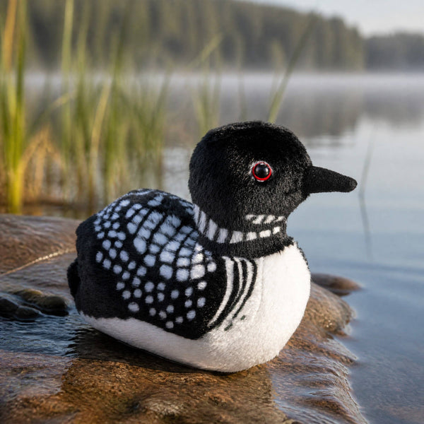 A plush loon toy sitting on a wet rock at the edge of calm water, with blurred reeds and trees in the background. The toy has a black head and back with white spotted patterning, a white belly, and a small red eye.