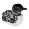 A small plush loon toy on a white background.