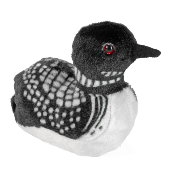 A small plush loon toy on a white background.