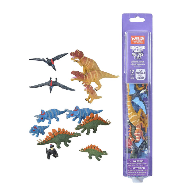 A set of 12 adult and baby dinosaur figurines and their purple packaging on a white background.