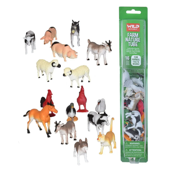 A set of 12 farm animal figurines and their green packaging on a white background.