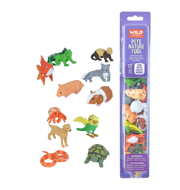 A set of 12 pet animal figurines and their purple packaging on a white background.