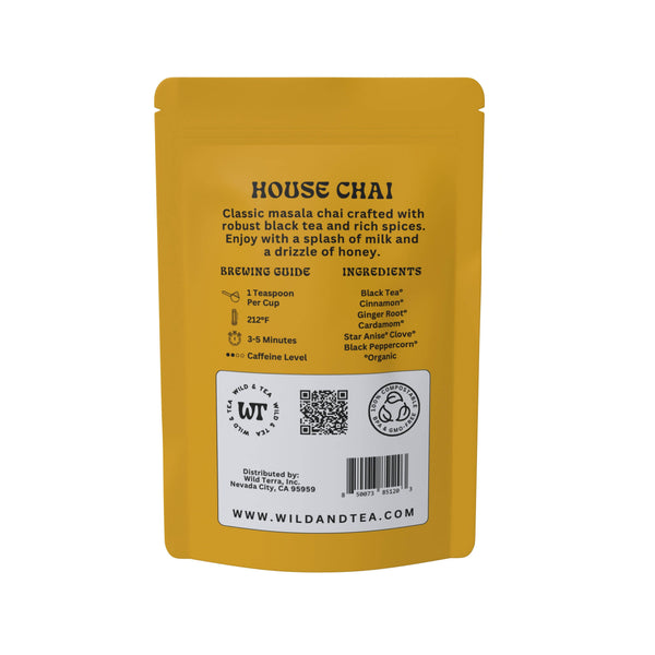 Yellow package of House Chai with brewing guide and ingredients on a white background