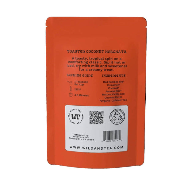 The back of an orange stand-up pouch of Wild and Tea Toasted Coconut Horchata, featuring product details, brewing instructions, ingredients, a QR code, and a barcode on a white background.