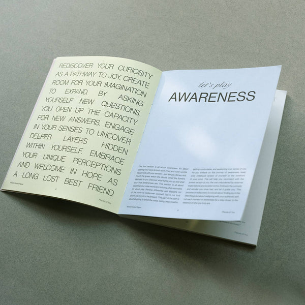 An open guided journal with text on both pages photographed against a grey-green surface.