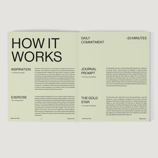 Sheet with instructions on how this guieded journal works, including daily commitment, journal prompt, and other steps.