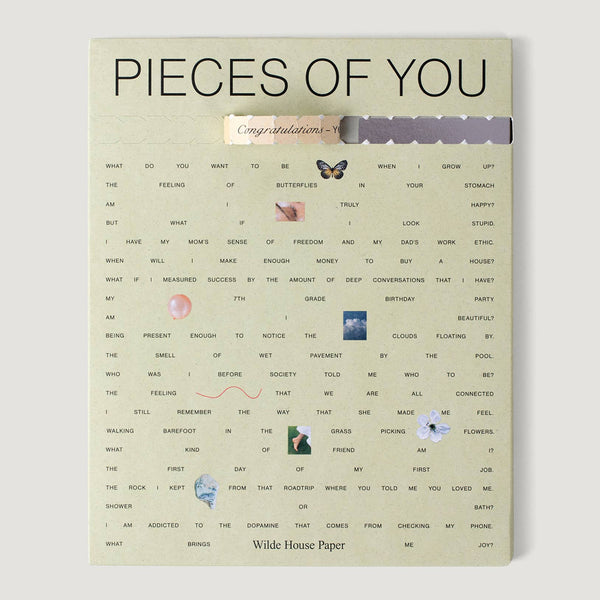 External paper packaging for the "Pieces of You" guided journal, photographed on a white backdrop.