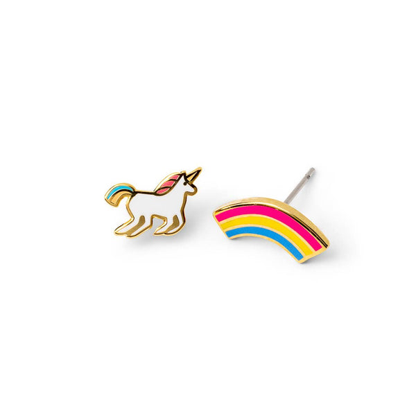 Unicorn and rainbow-shaped earrings on a white background