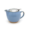 Blue ceramic small teapot with a silver lid on a white background