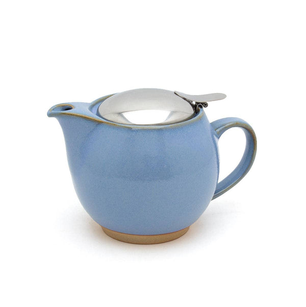 Blue ceramic small teapot with a silver lid on a white background