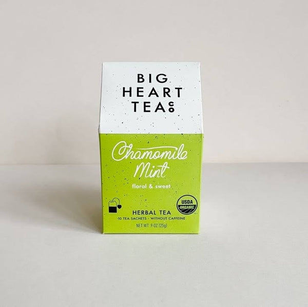 A box of Big Heart Tea's Chamomile Mint tea bags with a green and white color scheme.