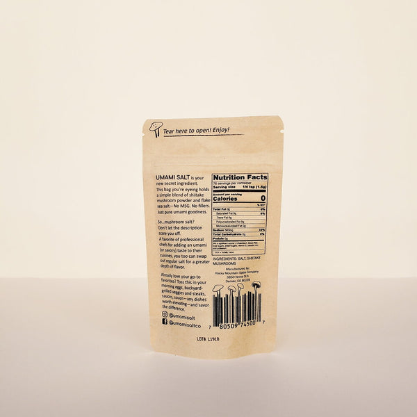 Brown kraft paper umami salt bag printed with ingredients and nutrition facts.